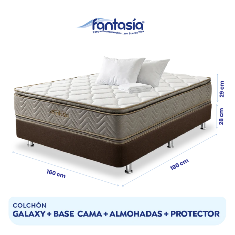 Combo Colchón Fantasia Galaxy 160X190 Cm + Base Cama Lino Café + Almohada + Protector Damasco Marca Fantasía