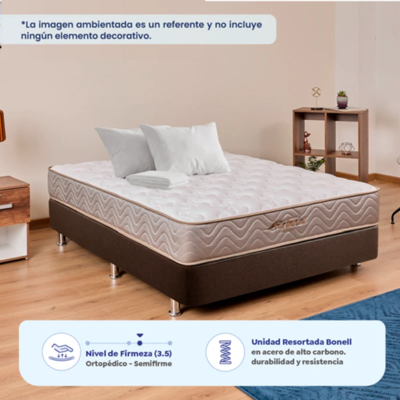 Combo Colchón Litium 140X190 Cm + Base Cama Lino Cafe + Almohada Economica + Protector Damasco Marca Fantasía