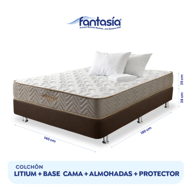 Combo Colchón Litium 140X190 Cm + Base Cama Lino Cafe + Almohada Economica + Protector Damasco Marca Fantasía