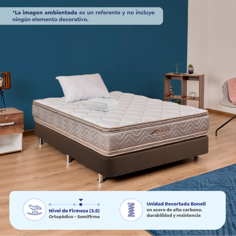 Combo Colchón Fantasia Galaxy 120X190 Cm + Base Cama Lino Café + Almohada + Protector Damasco Marca Fantasía