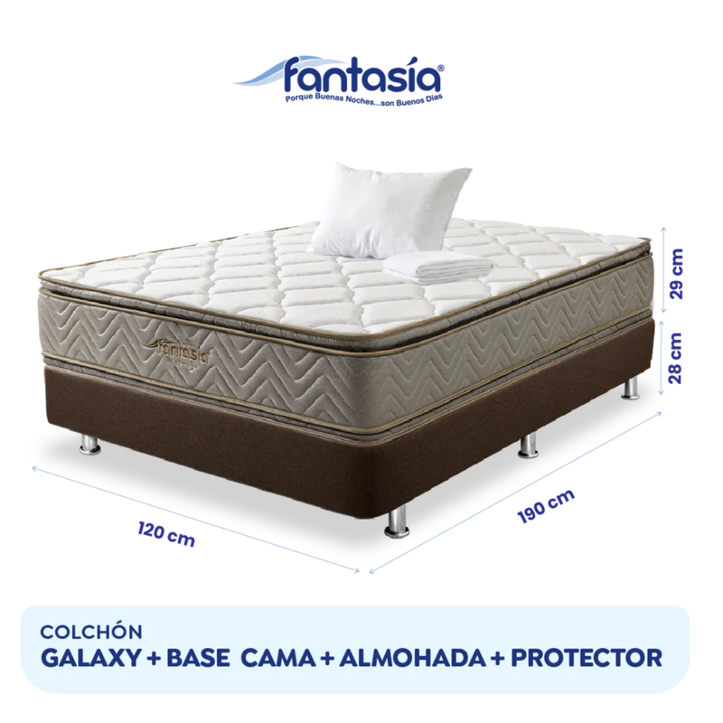 Combo Colchón Fantasia Galaxy 120X190 Cm + Base Cama Lino Café + Almohada + Protector Damasco Marca Fantasía