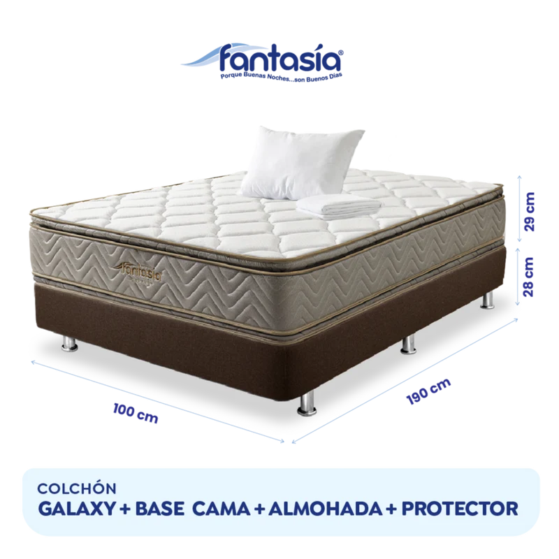 Combo Colchón Fantasia Galaxy 100X190 Cm + Base Cama Lino Café + Almohada + Protector Damasco Marca Fantasía