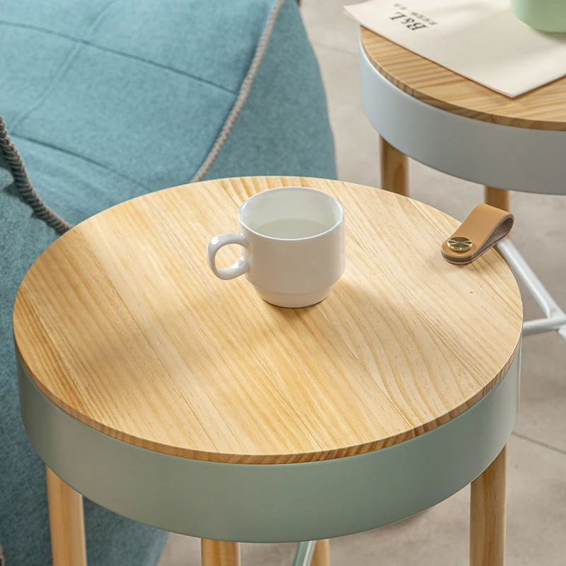 Modern Minimalist Removable Round Pine Wood Steel End Table 1-Storage For Living Room