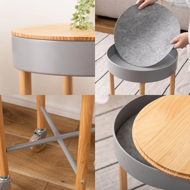 Modern Minimalist Removable Round Pine Wood Steel End Table 1-Storage For Living Room