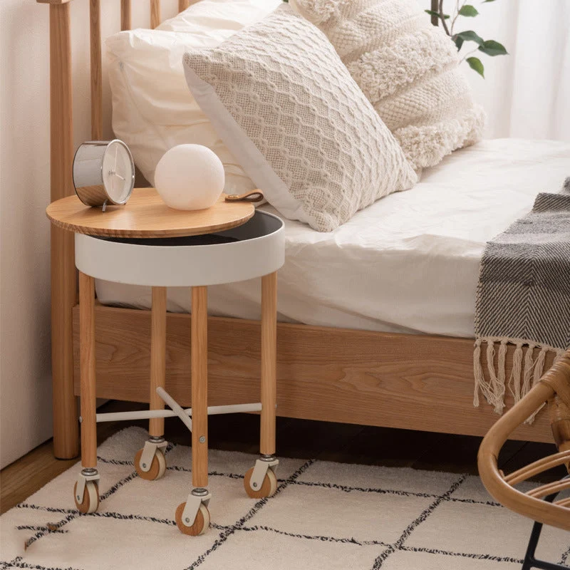 Modern Minimalist Removable Round Pine Wood Steel End Table 1-Storage For Living Room