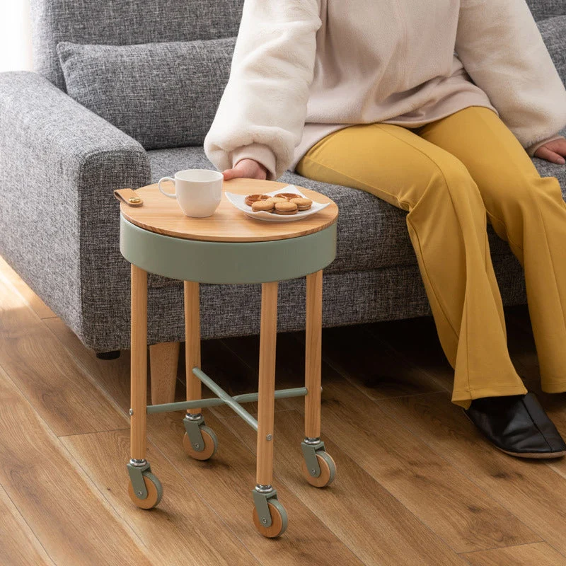 Modern Minimalist Removable Round Pine Wood Steel End Table 1-Storage For Living Room