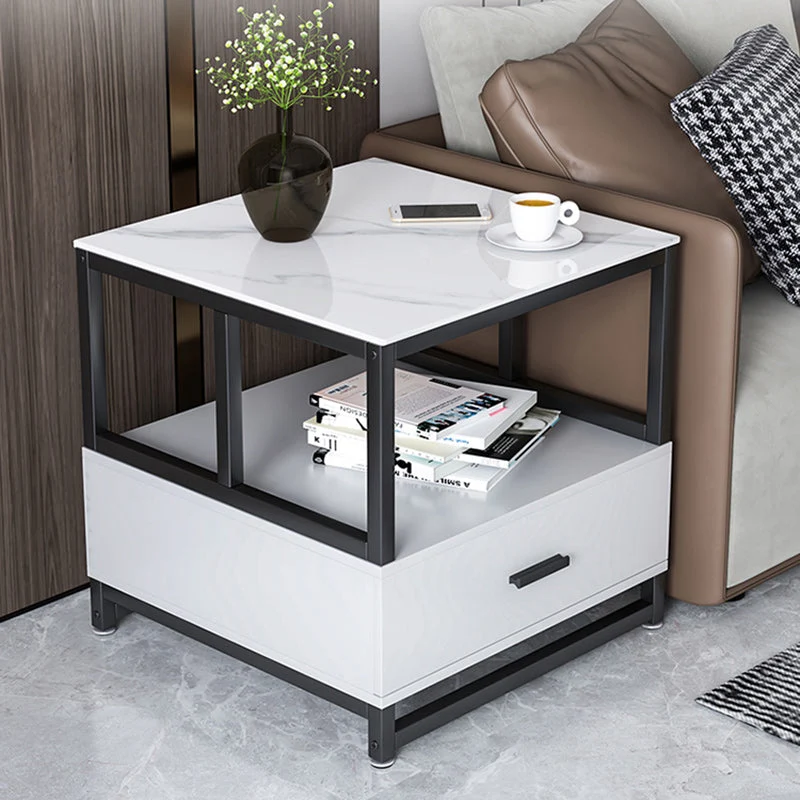 Modern Minimalist Square Rectangular Sintered Stone Particle Board Steel Side Table 2-Tier For Living Room