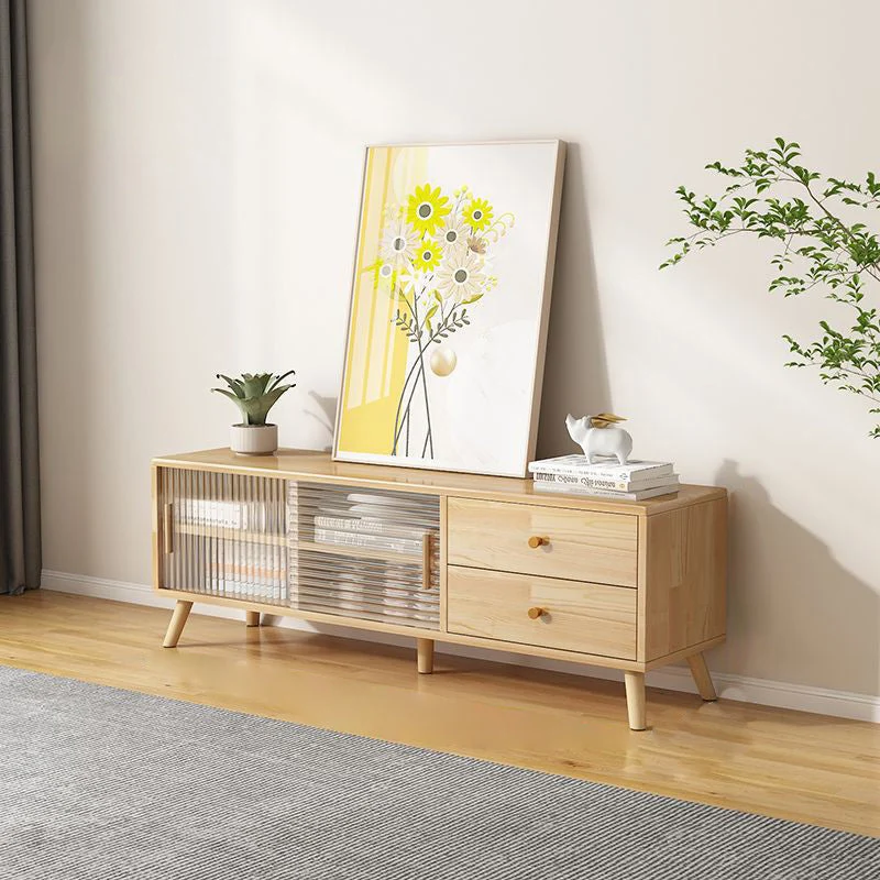 Modern Minimalist Rectangle Rubberwood Eco-Friendly Engineered Wood Plywood Glass TV Stand 2-Drawer For Living Room