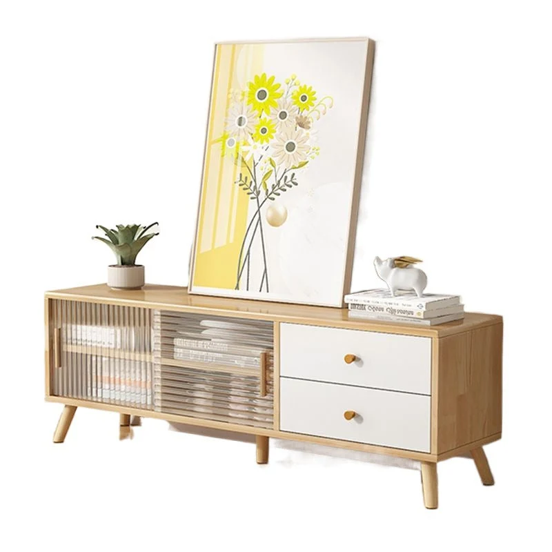 Modern Minimalist Rectangle Rubberwood Eco-Friendly Engineered Wood Plywood Glass TV Stand 2-Drawer For Living Room