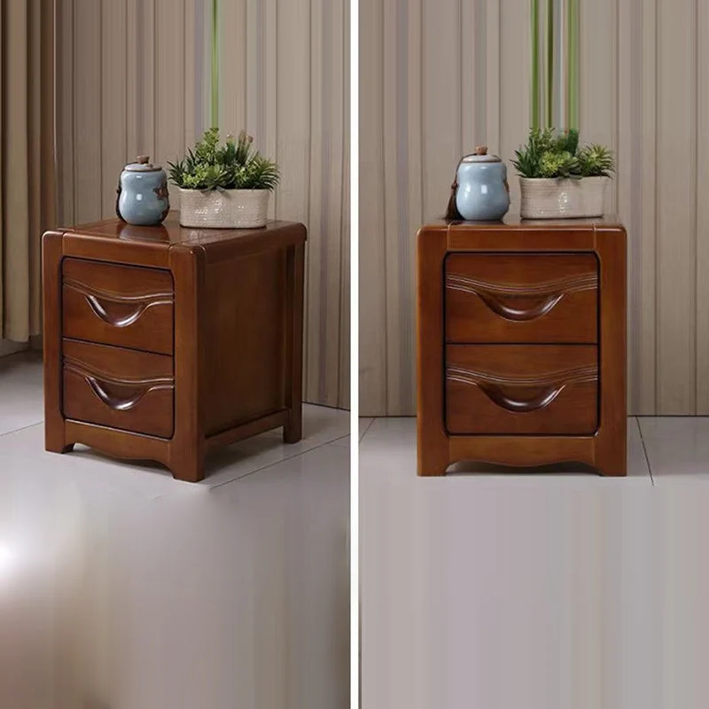 Modern Minimalist Square Rubberwood Plywood Nightstand 2-Drawer For Bedroom