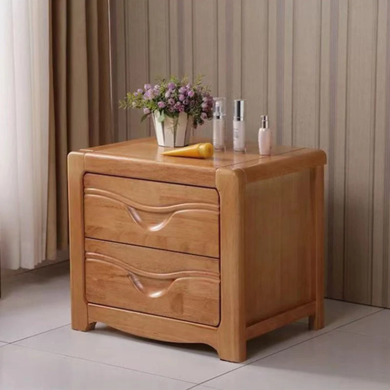 Modern Minimalist Square Rubberwood Plywood Nightstand 2-Drawer For Bedroom