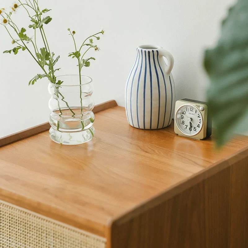 Traditional Vintage Rectangular Rubberwood Plywood Faux Rattan Nightstand 2-Drawer For Bedroom