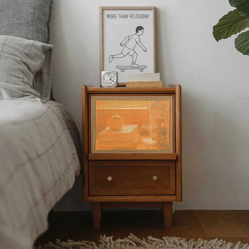 Traditional Vintage Rectangular Rubberwood Plywood Faux Rattan Nightstand 2-Drawer For Bedroom