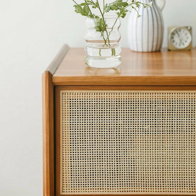 Traditional Vintage Rectangular Rubberwood Plywood Faux Rattan Nightstand 2-Drawer For Bedroom