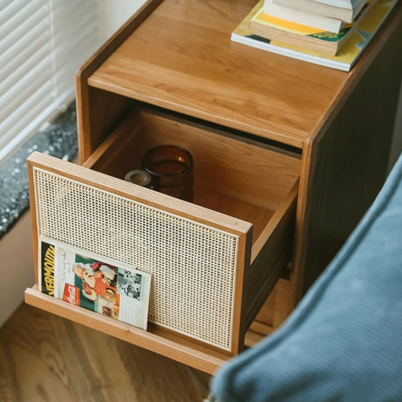 Traditional Vintage Rectangular Rubberwood Plywood Faux Rattan Nightstand 2-Drawer For Bedroom