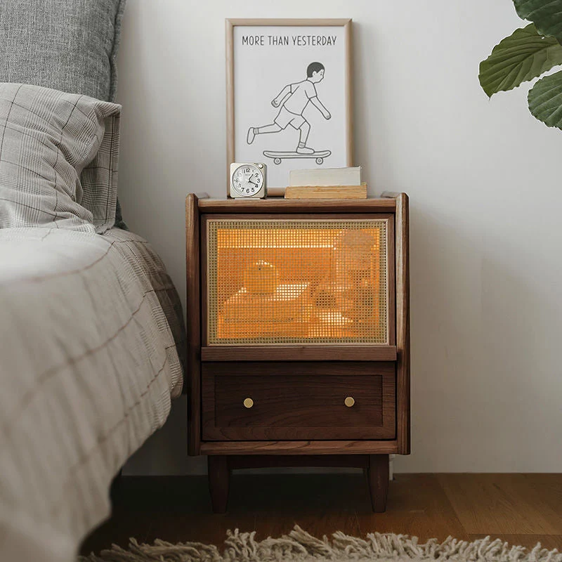 Traditional Vintage Rectangular Rubberwood Plywood Faux Rattan Nightstand 2-Drawer For Bedroom