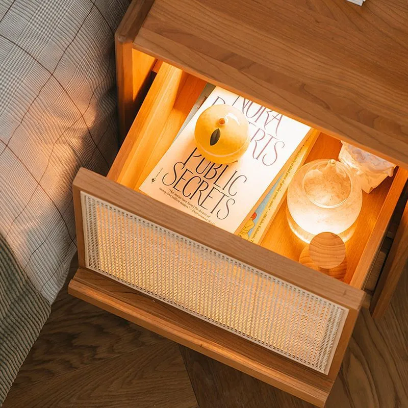 Traditional Vintage Rectangular Rubberwood Plywood Faux Rattan Nightstand 2-Drawer For Bedroom
