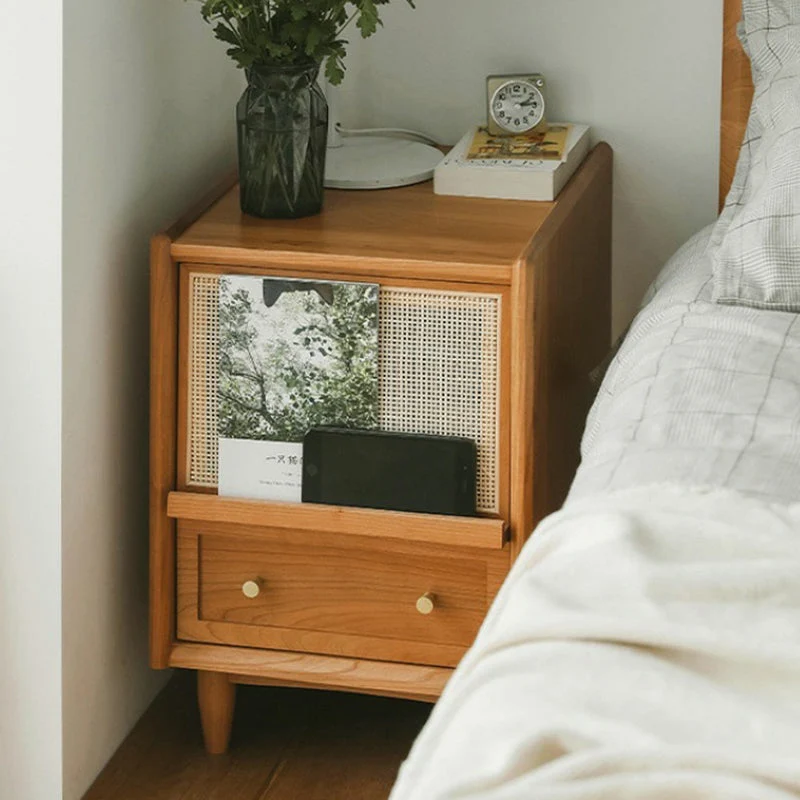 Traditional Vintage Rectangular Rubberwood Plywood Faux Rattan Nightstand 2-Drawer For Bedroom