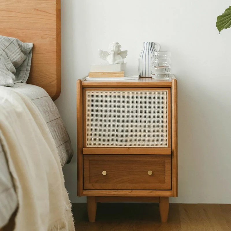 Traditional Vintage Rectangular Rubberwood Plywood Faux Rattan Nightstand 2-Drawer For Bedroom