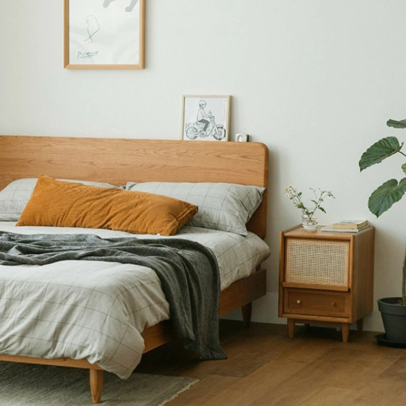 Traditional Vintage Rectangular Rubberwood Plywood Faux Rattan Nightstand 2-Drawer For Bedroom