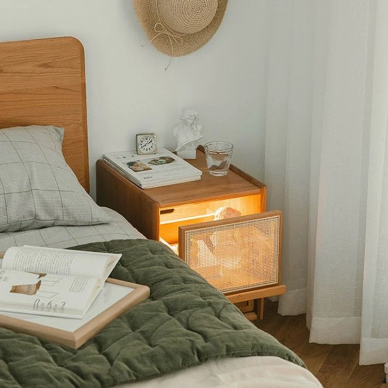 Traditional Vintage Rectangular Rubberwood Plywood Faux Rattan Nightstand 2-Drawer For Bedroom