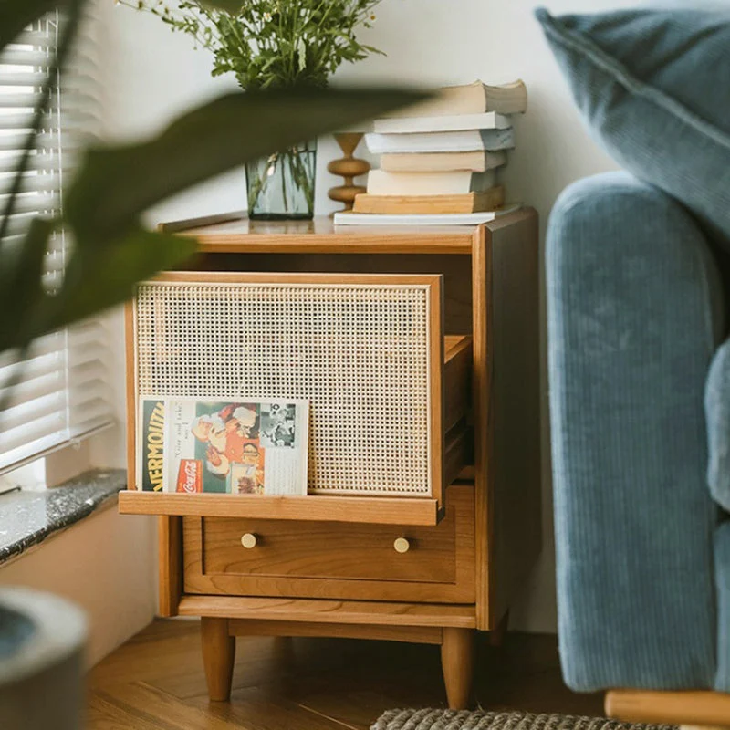 Traditional Vintage Rectangular Rubberwood Plywood Faux Rattan Nightstand 2-Drawer For Bedroom
