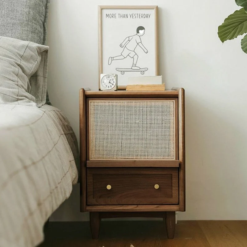 Traditional Vintage Rectangular Rubberwood Plywood Faux Rattan Nightstand 2-Drawer For Bedroom