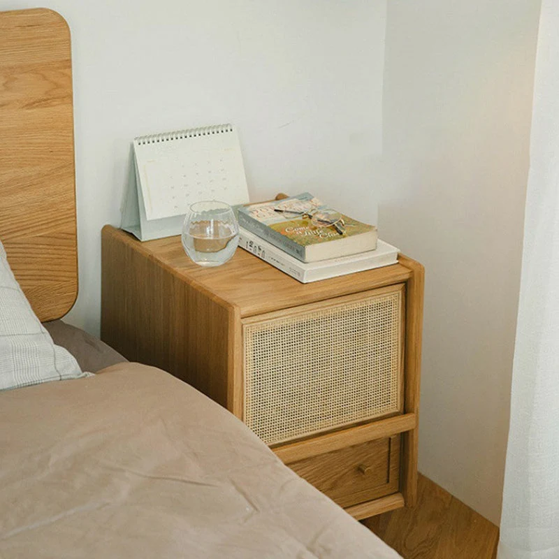 Traditional Vintage Rectangular Rubberwood Plywood Faux Rattan Nightstand 2-Drawer For Bedroom