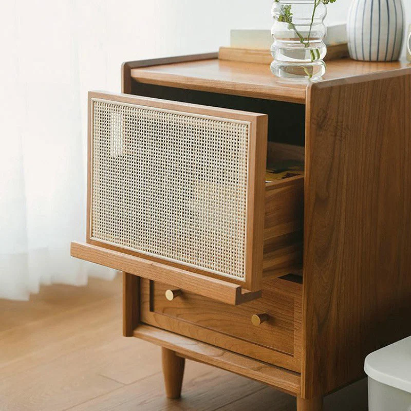 Traditional Vintage Rectangular Rubberwood Plywood Faux Rattan Nightstand 2-Drawer For Bedroom