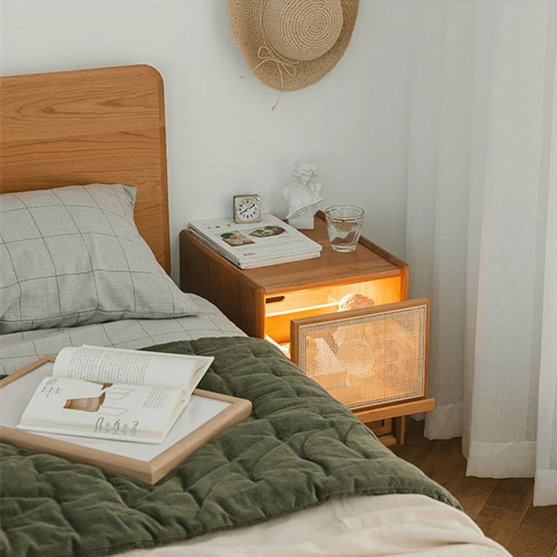Traditional Vintage Rectangular Rubberwood Plywood Faux Rattan Nightstand 2-Drawer For Bedroom