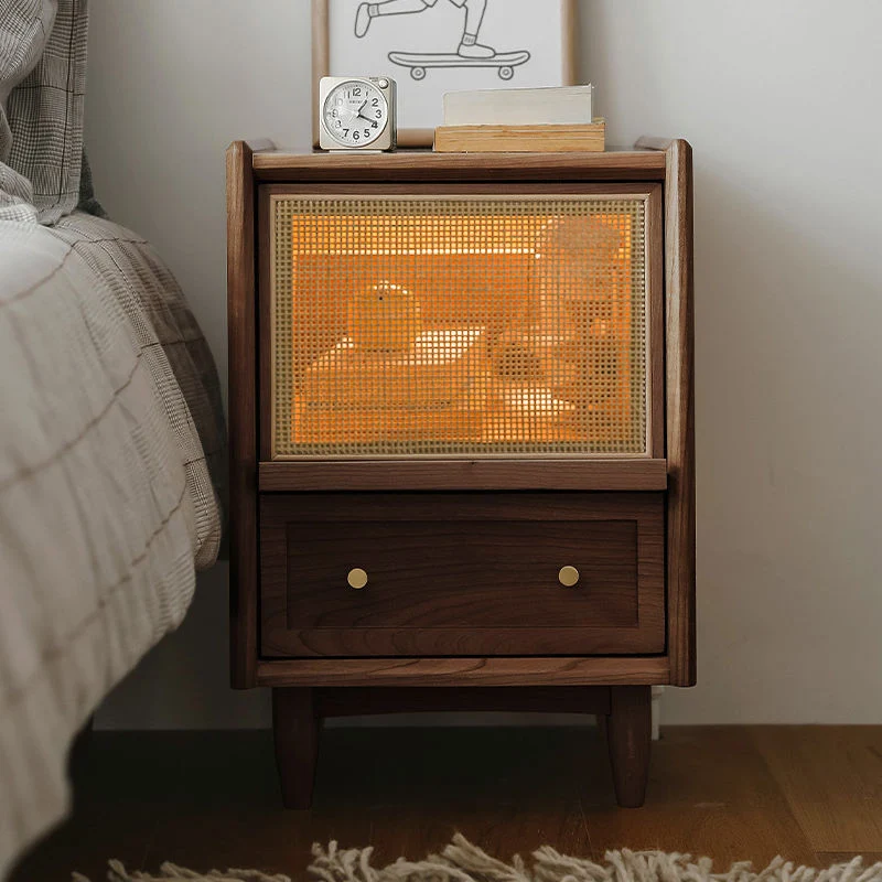 Traditional Vintage Rectangular Rubberwood Plywood Faux Rattan Nightstand 2-Drawer For Bedroom