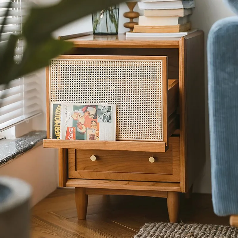 Traditional Vintage Rectangular Rubberwood Plywood Faux Rattan Nightstand 2-Drawer For Bedroom