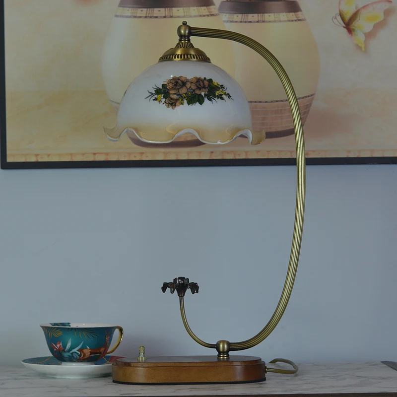 Traditional Chinese Half Round Arc Oval Base Copper Wood Glass 1-Light Table Lamp For Bedroom