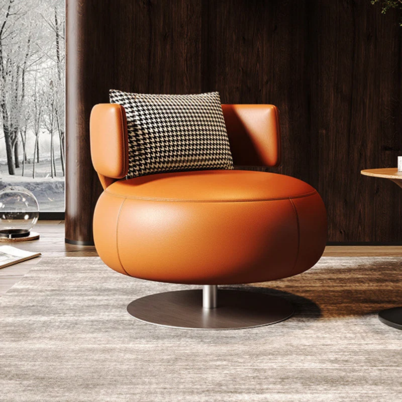 Contemporary Scandinavian Round Curved PU Leather Sponge Stainless Steel Accent Chair Backrest Rotatable For Living Room