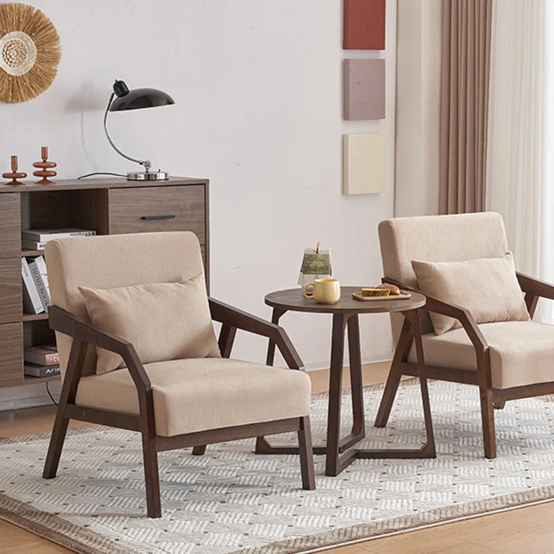 Contemporary Scandinavian Rectangular Cotton Linen Rubberwood Accent Chair Backrest Armrest For Living Room