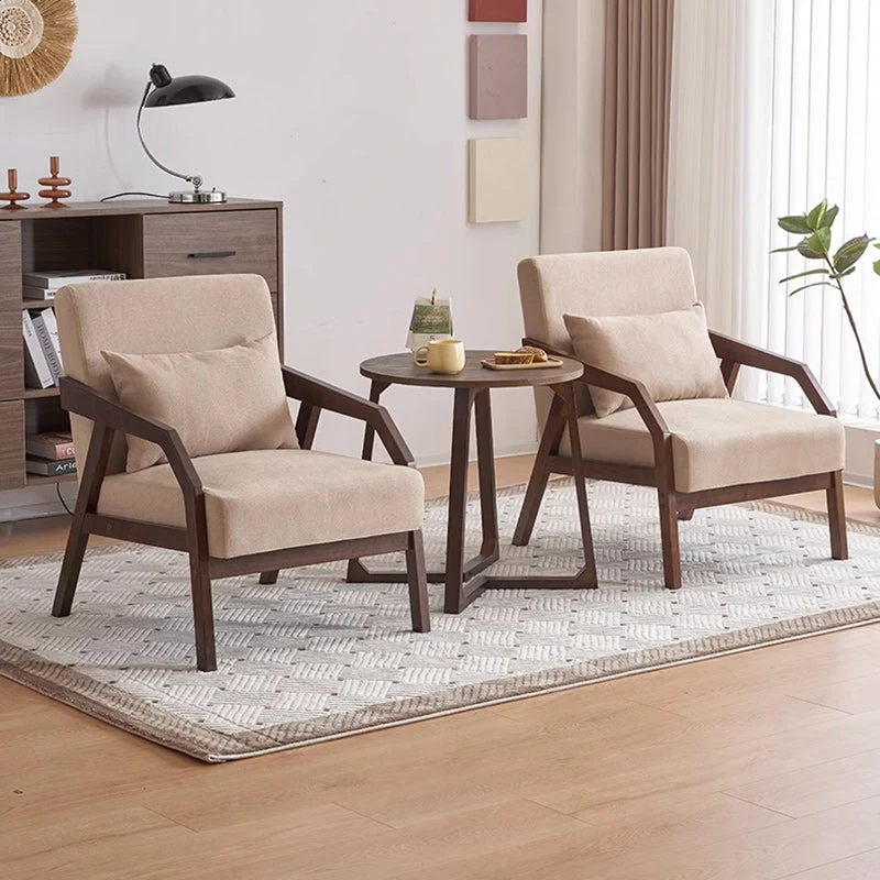 Contemporary Scandinavian Rectangular Cotton Linen Rubberwood Accent Chair Backrest Armrest For Living Room