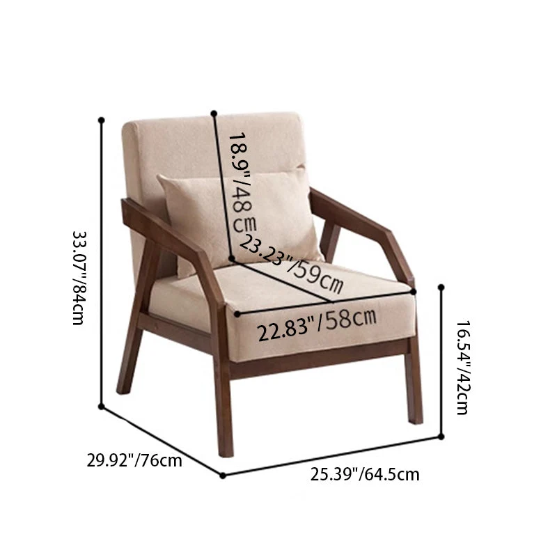 Contemporary Scandinavian Rectangular Cotton Linen Rubberwood Accent Chair Backrest Armrest For Living Room