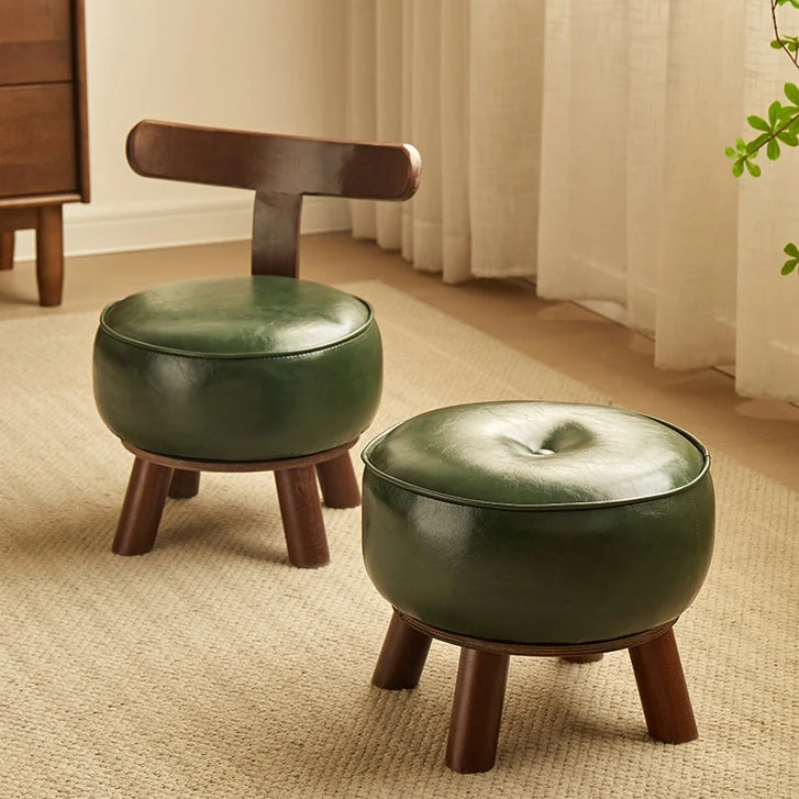 Modern Minimalist Round Bent Oil-Wax Leather Solid Wood Footstool Backrest Armless For Living Room