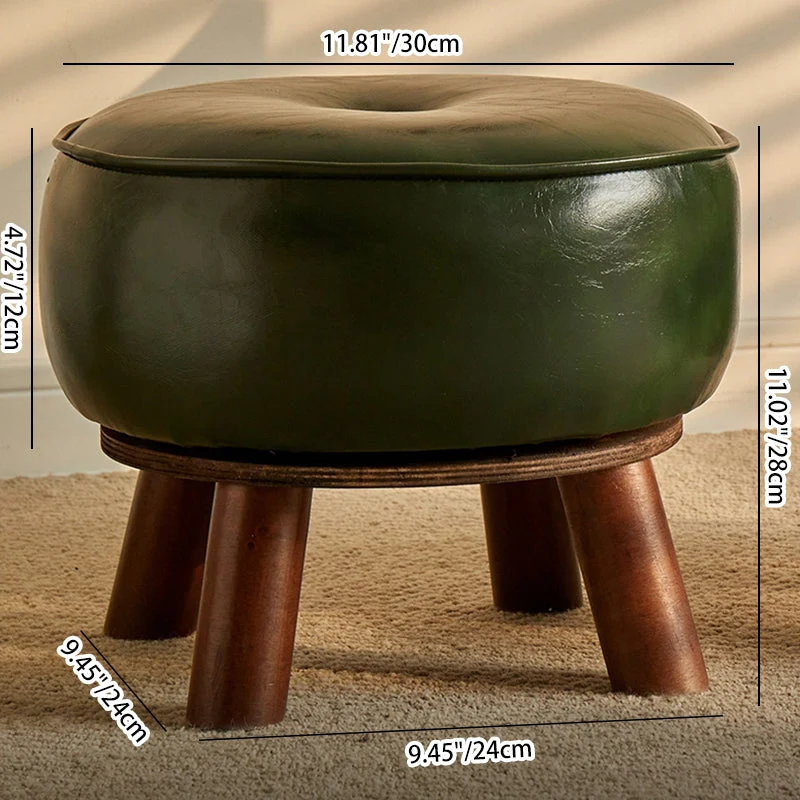 Modern Minimalist Round Bent Oil-Wax Leather Solid Wood Footstool Backrest Armless For Living Room