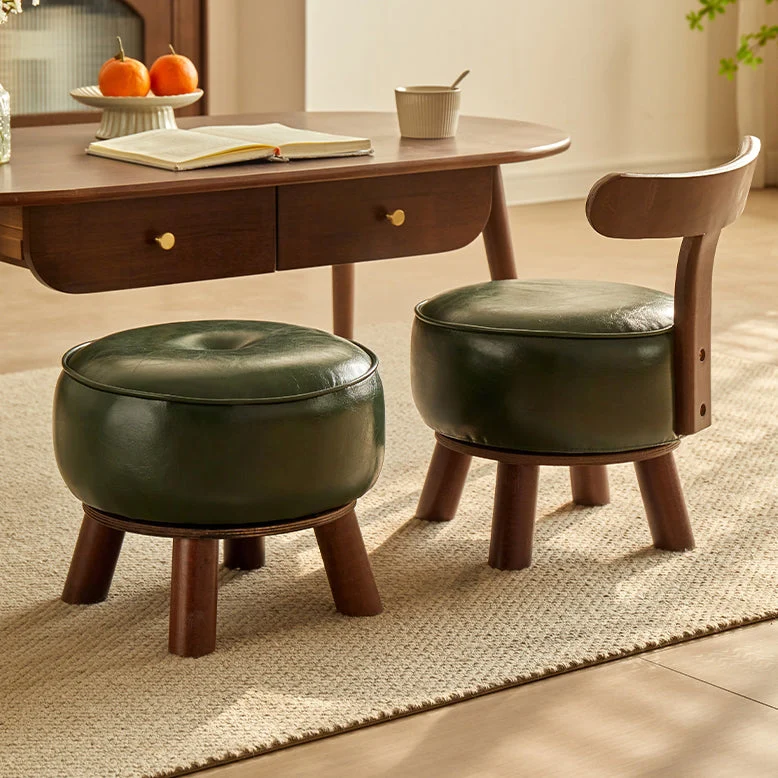 Modern Minimalist Round Bent Oil-Wax Leather Solid Wood Footstool Backrest Armless For Living Room