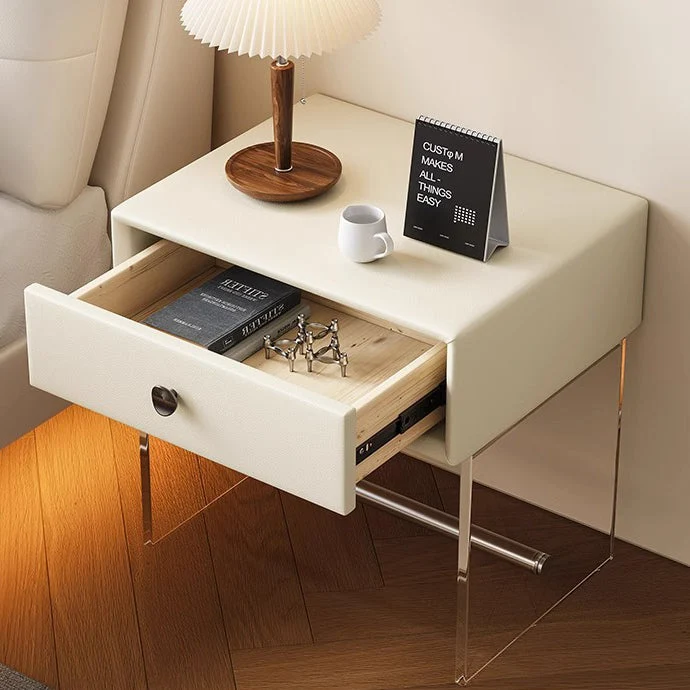 Modern Minimalist Rectangular Reinforced Glass Faux Leather Wood Acrylic Stainless Steel Nightstand 1-Drawer For Bedside