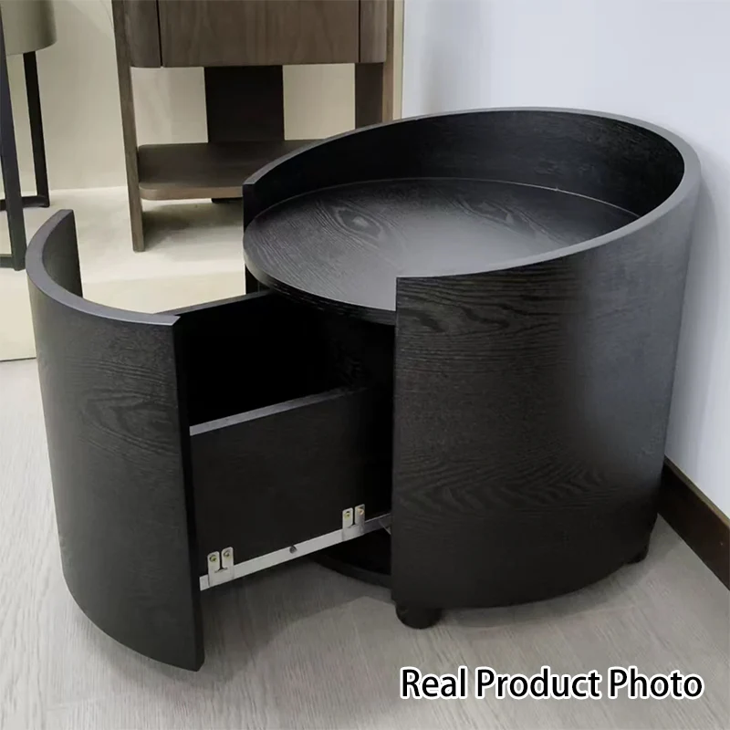 Modern Minimalist Cylinder Plywood Pine Wood Wood Veneer Nightstand 1-Drawer For Bedroom