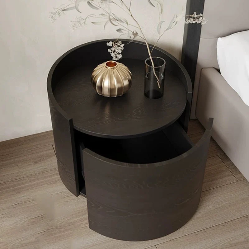 Modern Minimalist Cylinder Plywood Pine Wood Wood Veneer Nightstand 1-Drawer For Bedroom