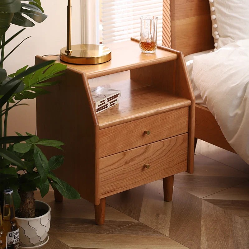 Traditional Japanese Trapezoidal Rectangular Pine Wood Cedar Wood Plywood Nightstand 2-Tier 2-Drawer For Bedroom