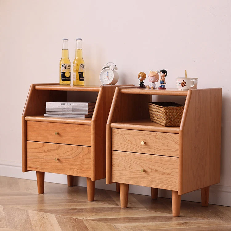 Traditional Japanese Trapezoidal Rectangular Pine Wood Cedar Wood Plywood Nightstand 2-Tier 2-Drawer For Bedroom