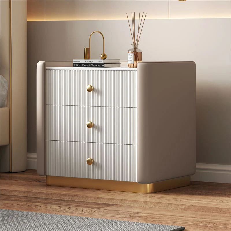 Modern Minimalist Rectangular Round Corner Pine Wood Rock Slab Microfiber Leather Stainless Steel Nightstand 3-Drawer For Bedroom