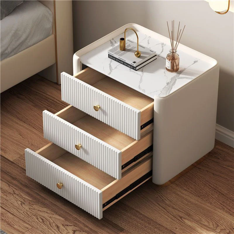 Modern Minimalist Rectangular Round Corner Pine Wood Rock Slab Microfiber Leather Stainless Steel Nightstand 3-Drawer For Bedroom