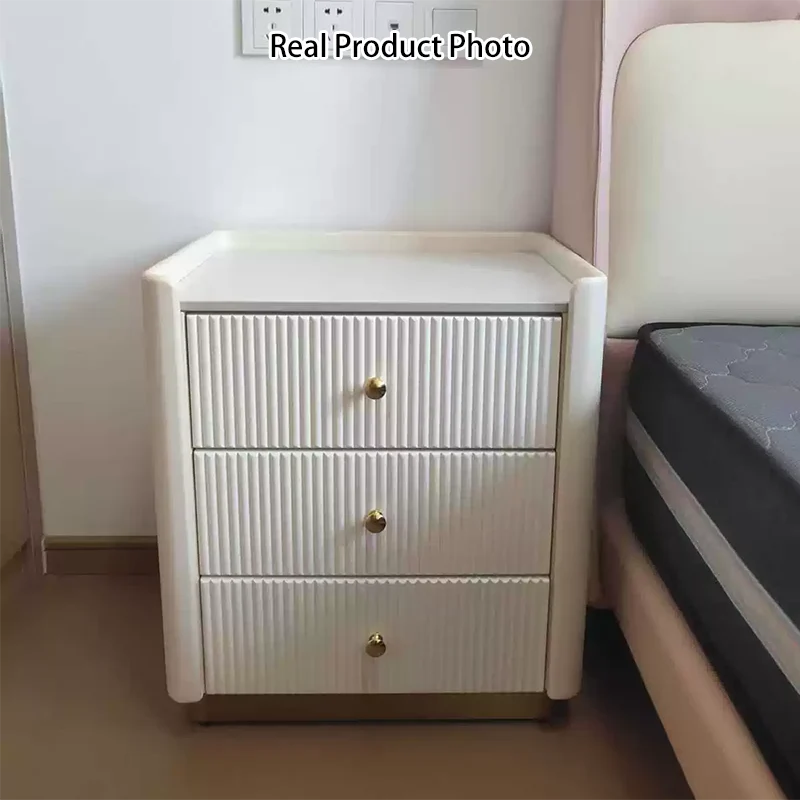 Modern Minimalist Rectangular Round Corner Pine Wood Rock Slab Microfiber Leather Stainless Steel Nightstand 3-Drawer For Bedroom