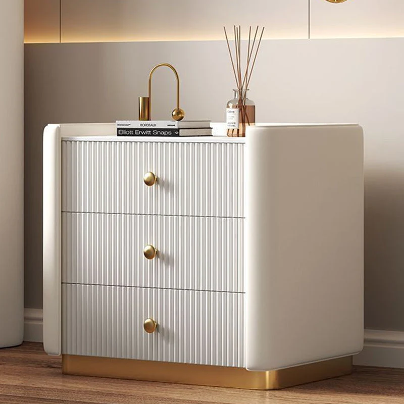 Modern Minimalist Rectangular Round Corner Pine Wood Rock Slab Microfiber Leather Stainless Steel Nightstand 3-Drawer For Bedroom
