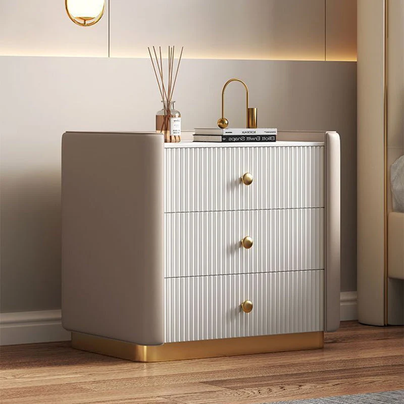 Modern Minimalist Rectangular Round Corner Pine Wood Rock Slab Microfiber Leather Stainless Steel Nightstand 3-Drawer For Bedroom